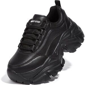 Lucky Step Women Black Rhinestone Lace Up Chunky Dad Casual Walking Sneakers